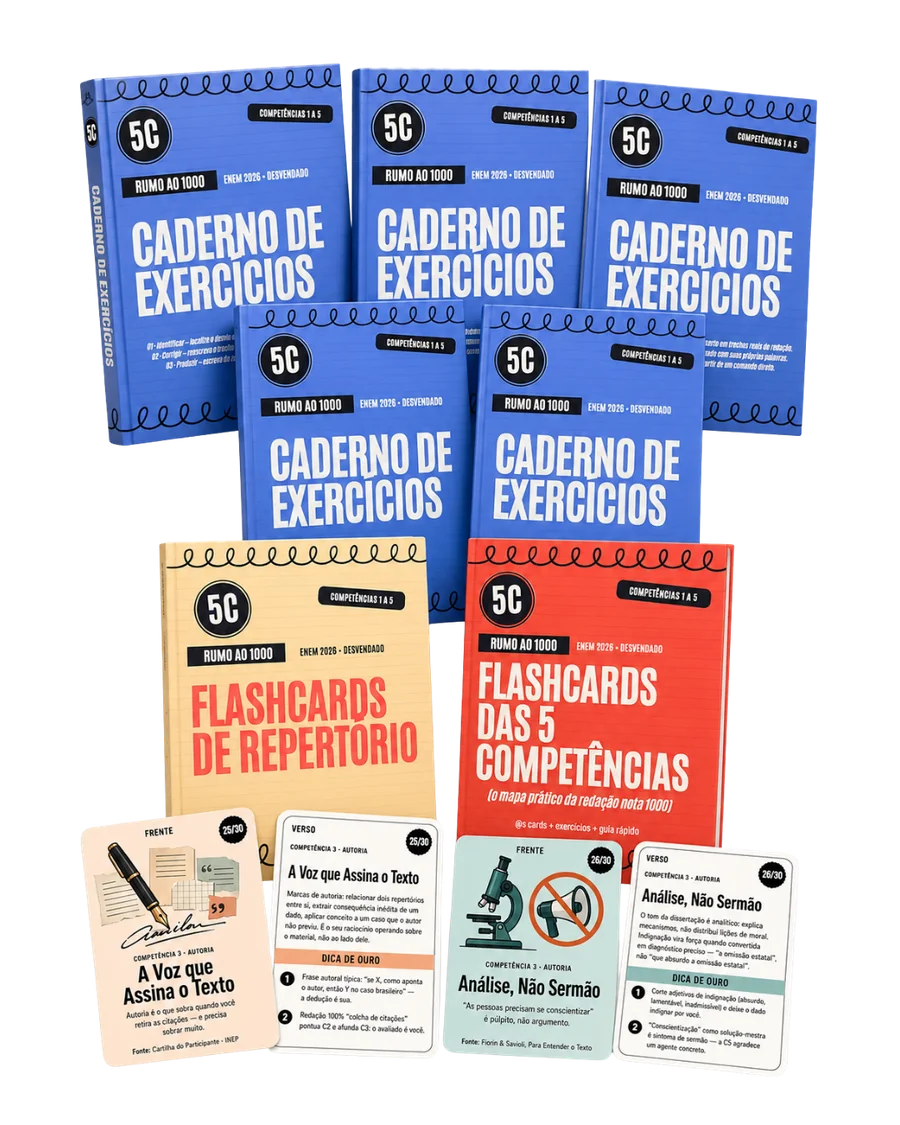 Tudo que vem no combo: 100 Redações Comentadas, Flashcards das 5 Competências, Banco de Repertório e Caderno de Exercícios