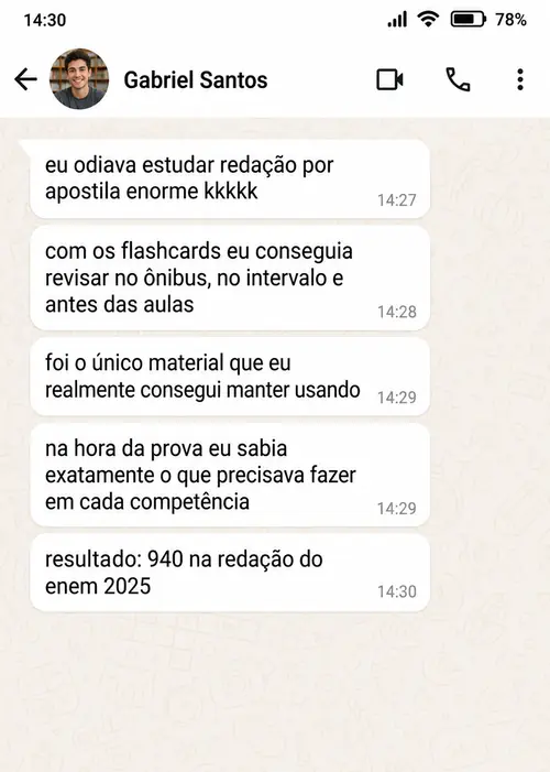 Depoimento de Gabriel Santos via WhatsApp: 940 na redação do enem 2025