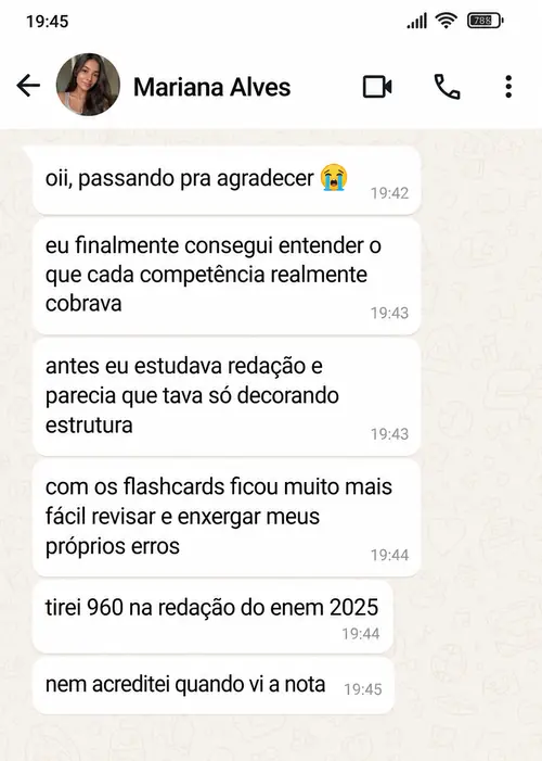 Depoimento de Lucas Ferreira via WhatsApp: os flashcards me salvaram muito